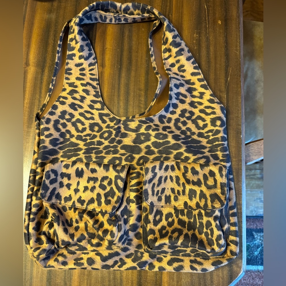 Leopard Print Tote Bag smooshable for storage until needed for a shopping day!